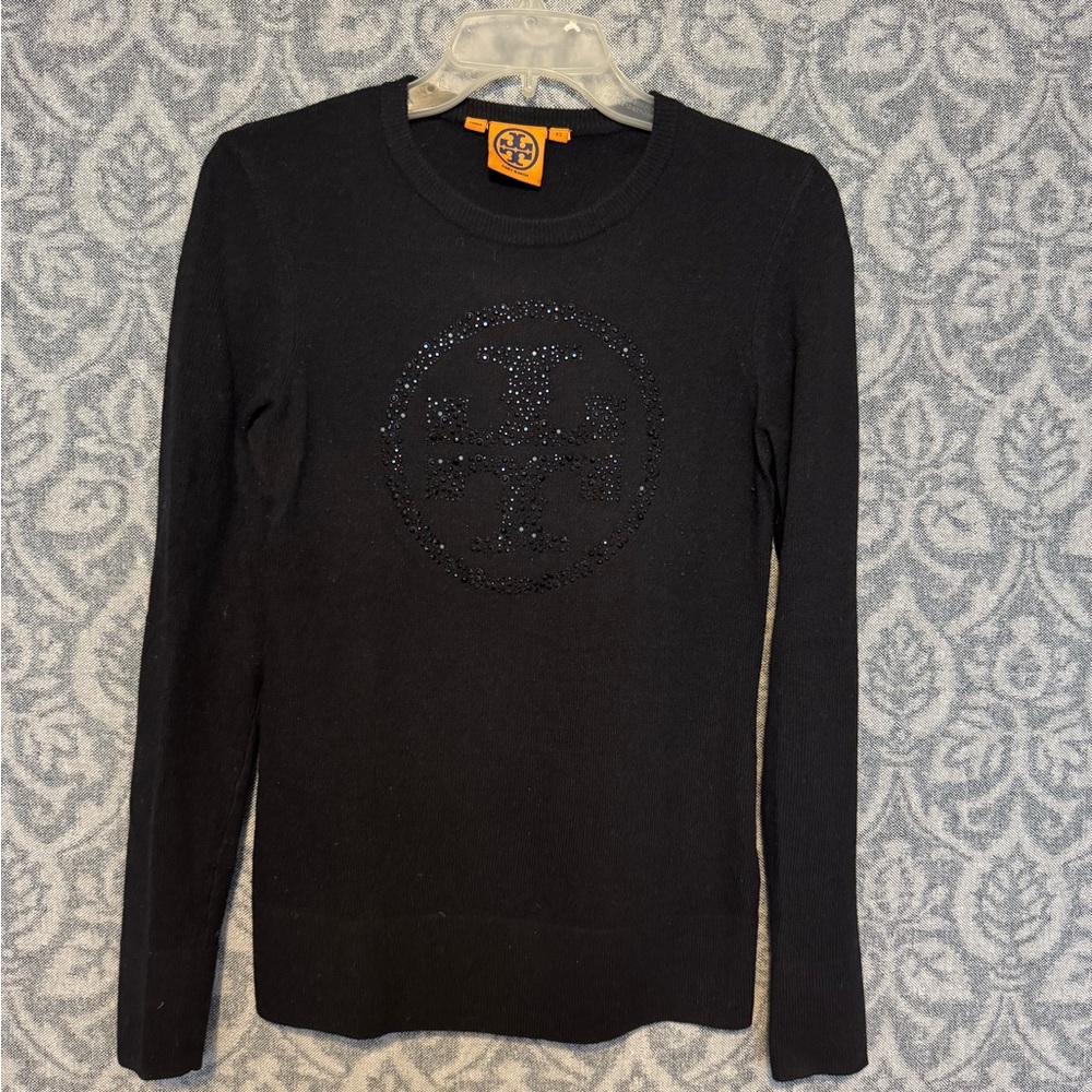 Tory Burch Black Embellished Logo Crewneck Sweater size Xs